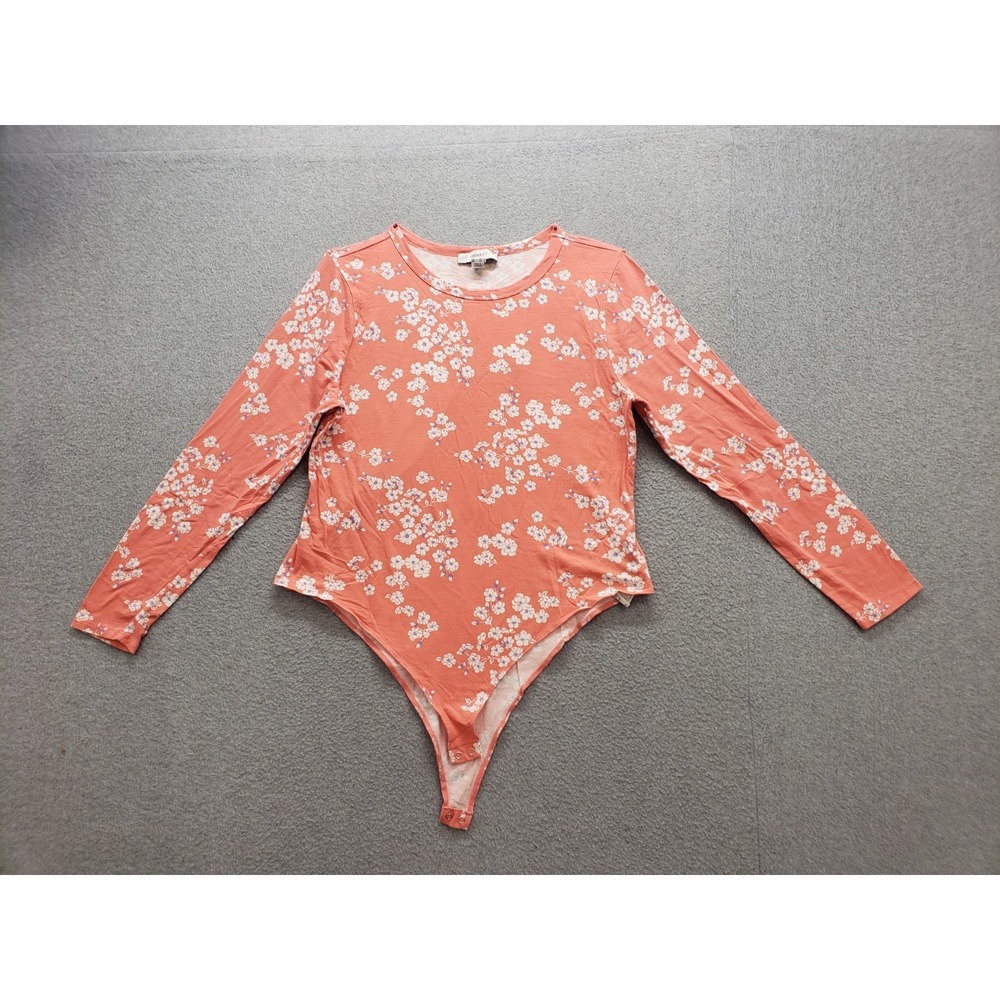 Forever 21 Women Bodysuits‎ 3X Peach White Floral Snap Round Neck Logo Casual